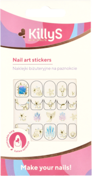 Opakowanie naklejek KillyS Nail art stickers z motywami morskimi: muszle, ogon syreny w złotych i opalizujących barwach.