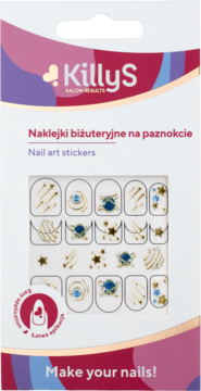 KillyS Nail art stickers w białym opakowaniu. Złote i niebieskie kosmiczne wzory: planety, gwiazdy, spadające komety. Widok frontalny.