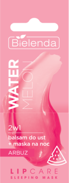 Różowa etykieta Bielenda Watermelon LipCare Sleeping Mask 2w1, białe napisy, smuga różowego żelu, widok z przodu.