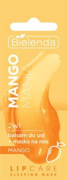 Pionowe, pomarańczowe opakowanie Bielenda Lipcare Sleeping Mask Mango Mania. 2w1 balsam do ust + maska z grafiką mango.
