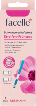 Paskowy test ciążowy Facelle Frühtest w różowym opakowaniu, z ilustracją paska i wyników, widok z przodu.