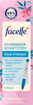 Różowe opakowanie testu ciążowego Facelle Stick-Frühtest, widok z przodu, z obrazkiem testu i 99% dokładności.