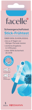 Pionowe, różowe opakowanie testu ciążowego facelle Stick-Frühtest z niebieskim kwiatem, 99% skuteczności, wynik w 3 minuty.