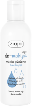 Ziaja wegańskie mleczko micelarne nawilżające w białej butelce z niebieskimi kroplami, widok z przodu.