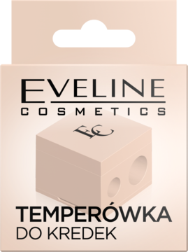 Jasnoróżowa temperówka Eveline Cosmetics do kredek, z dwoma otworami, w opakowaniu z hakiem, widok z przodu.