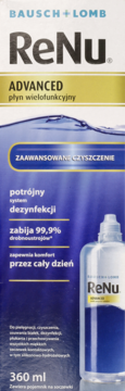 Opakowanie Bausch+Lomb ReNu Advanced, płyn wielofunkcyjny do soczewek 360ml, niebiesko-złote, widok przód.