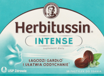 Herbitussin Intense, suplement diety, pastylki mentolowo-eukaliptusowe na gardło, turkusowe opakowanie, widok z przodu.