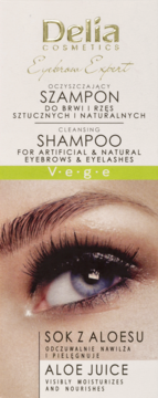 Delia Eyebrow Expert Cleansing Shampoo do brwi i rzęs, jasne opakowanie z okiem, Vege, z sokiem aloesu.