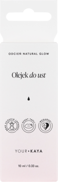 Front opakowania Your KAYA Olejek do ust Natural Glow 10ml. Biało-różowy kartonik z ikonami toffi i bez lepkości.