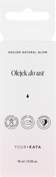 Front opakowania Your KAYA Olejek do ust Natural Glow 10ml. Biało-różowy kartonik z ikonami toffi i bez lepkości.