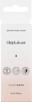 Białe opakowanie olejku do ust YOUR+KAYA Nude Glow 10 ml, widok z przodu, z czarnymi napisami.