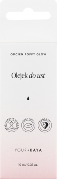Przedni widok opakowania olejku do ust Your KAYA Poppy Glow 10 ml, biała, wegańska, bez uczucia lepkości.