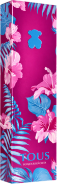 Opakowanie perfum Tous Bonjour Señorita, fuksjowe z różowymi hibiskusami, niebieskimi liśćmi tropikalnymi i logo Tous.