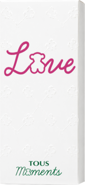 Tous Love Moments woda toaletowa. Białe pudełko, różowy napis Love z misiem Tous i zielone logo Tous Moments.