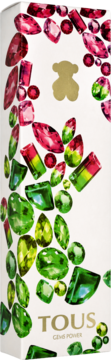 Perfumy Tous Gems Power. Białe opakowanie z czerwono-zielonymi kamieniami szlachetnymi i złotym logo misia, widok z przodu.