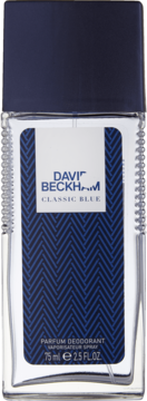 Dezodorant David Beckham Classic Blue, 75 ml, przezroczysta butelka z niebieską etykietą we wzór jodełki, widok z przodu.