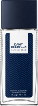 Dezodorant David Beckham Classic Blue 75ml, szklana butelka, niebieska etykieta w jodełkę, z przodu.