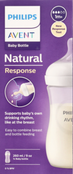 Fioletowe opakowanie butelki Philips Avent Natural Response 260ml, przód, ze smoczkiem dopasowanym do piersi.