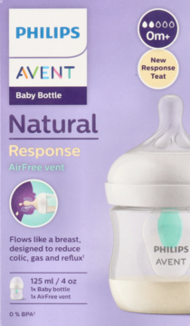 Fioletowo-biała butelka Philips Avent Natural Response 125ml, z wentylem AirFree, redukuje kolkę.