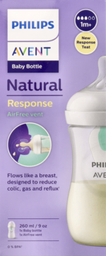 Fioletowe opakowanie butelki Philips Avent Natural Response 1m+ z AirFree vent, 260ml, redukuje kolki i gazy.