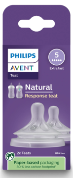 Philips Avent Natural Response teats, rozmiar 5 Extra fast, w fioletowym, papierowym opakowaniu z logo i dwoma silikonowymi smoczkami.