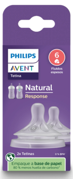 Philips Avent Natural Response, silikonowe smoczki #6 do gęstych płynów, 2 szt. w fiolet. opakowaniu, widok z przodu.