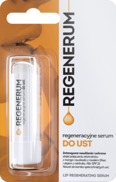 Regenerum regeneracyjne serum do ust, biały sztyft w pomarańczowo-białym blistrze, widok z przodu.