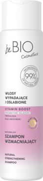 beBIO naturalny szampon wzmacniający do włosów osłabionych, biało-różowa butelka, widok z przodu.