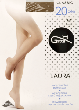 Rajstopy Gatta Laura Classic 20 den, cieliste, półmatowe, w opakowaniu z nogami modelki na białym tle.