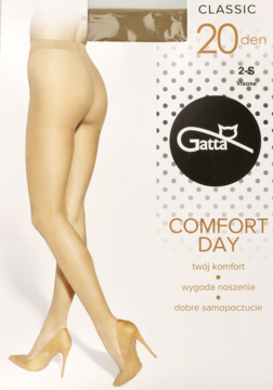 Beżowe, gładkie rajstopy Gatta Classic 20 den Comfort Day na opakowaniu, widok z przodu, z modelem.