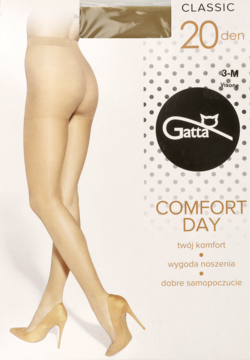 Klasyczne rajstopy Gatta Comfort Day 20 den w beżu na modelce w szpilkach, widok opakowania.