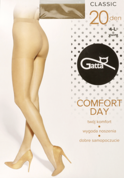 Rajstopy Gatta Comfort Day 20 den w naturalnym kolorze, na nogach modelki w beżowych szpilkach, widoczne opakowanie.