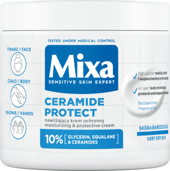 Biały krem Mixa Ceramide Protect 10% z gliceryną i ceramidami do bardzo suchej skóry twarzy, ciała, dłoni.