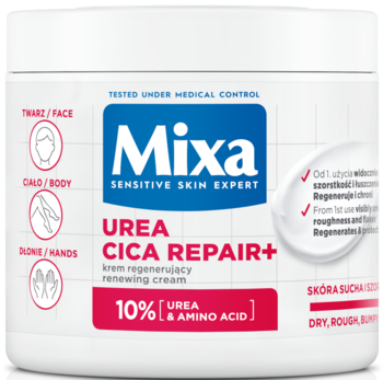 Mixa Urea Cica Repair+ krem regenerujący 10% mocznika dla suchej, szorstkiej skóry, w białym pojemniku, widok z przodu.