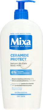 Mixa Ceramide Protect body milk, white bottle with blue pump, front view, for dry skin, 6% ceramides.