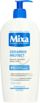 Mixa Ceramide Protect body milk, white bottle with blue pump, front view, for dry skin, 6% ceramides.
