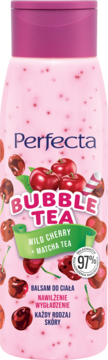 Perfecta Bubble Tea balsam do ciała, różowa butelka z wiśniami, smak Wild Cherry + Matcha Tea, widok z przodu.