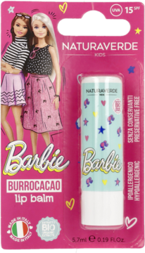 Różowy blister z balsamem do ust Barbie Naturaverde Kids SPF 15, z lalkami i jasnozielonym sztyftem.
