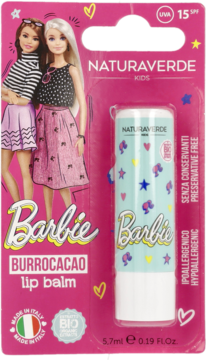 Różowy blister z balsamem do ust Barbie Naturaverde Kids SPF 15, z lalkami i jasnozielonym sztyftem.