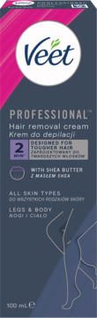 Veet Professional krem do depilacji, szare opakowanie z różowymi pasami, logo Veet, 100ml, widok z przodu.