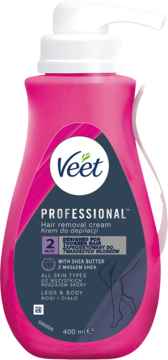 Różowy Veet Professional krem do depilacji 400ml z pompką, do nóg i ciała, z masłem shea, widok z przodu.