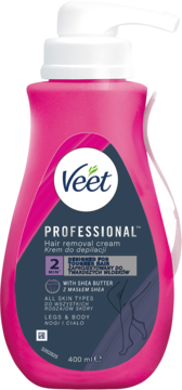 Różowy Veet Professional krem do depilacji 400ml z pompką, do nóg i ciała, z masłem shea, widok z przodu.