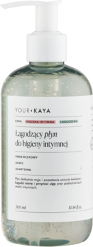 Łagodzący płyn do higieny intymnej YOUR+KAYA z aloesem i kwasem mlekowym w przezroczystej butelce z pompką, z przodu.
