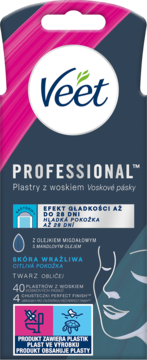 Veet PROFESSIONAL plastry z woskiem do twarzy, na skórę wrażliwą. Ciemne opakowanie z różowym paskiem, widok z przodu.
