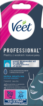 Veet PROFESSIONAL plastry z woskiem do twarzy, na skórę wrażliwą. Ciemne opakowanie z różowym paskiem, widok z przodu.