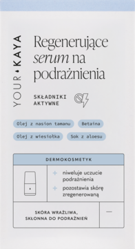 Biało-niebieskie opakowanie YOUR KAYA Regenerujące serum na podrażnienia, przód, z opisem i składnikami aktywnymi.
