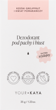 Dezodorant w sztyfcie Your Kaya grejpfrut i kwiat pomarańczy, białe opakowanie z różowym tłem, przód.