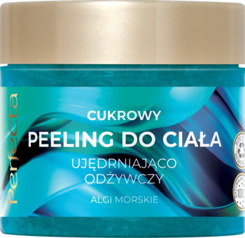 Cukrowy peeling do ciała Perfekta Algi Morskie w turkusowym słoiku ze złotą pokrywką, widok z przodu.