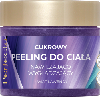 Perfecta cukrowy peeling do ciała, lawendowy, nawilżająco-wygładzający w fioletowym słoiku, widok z przodu.