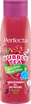 Perfecta Bubble Tea żel pod prysznic Wiśnia Zielona Herbata, w przezroczystej butelce z czerwonym płynem.